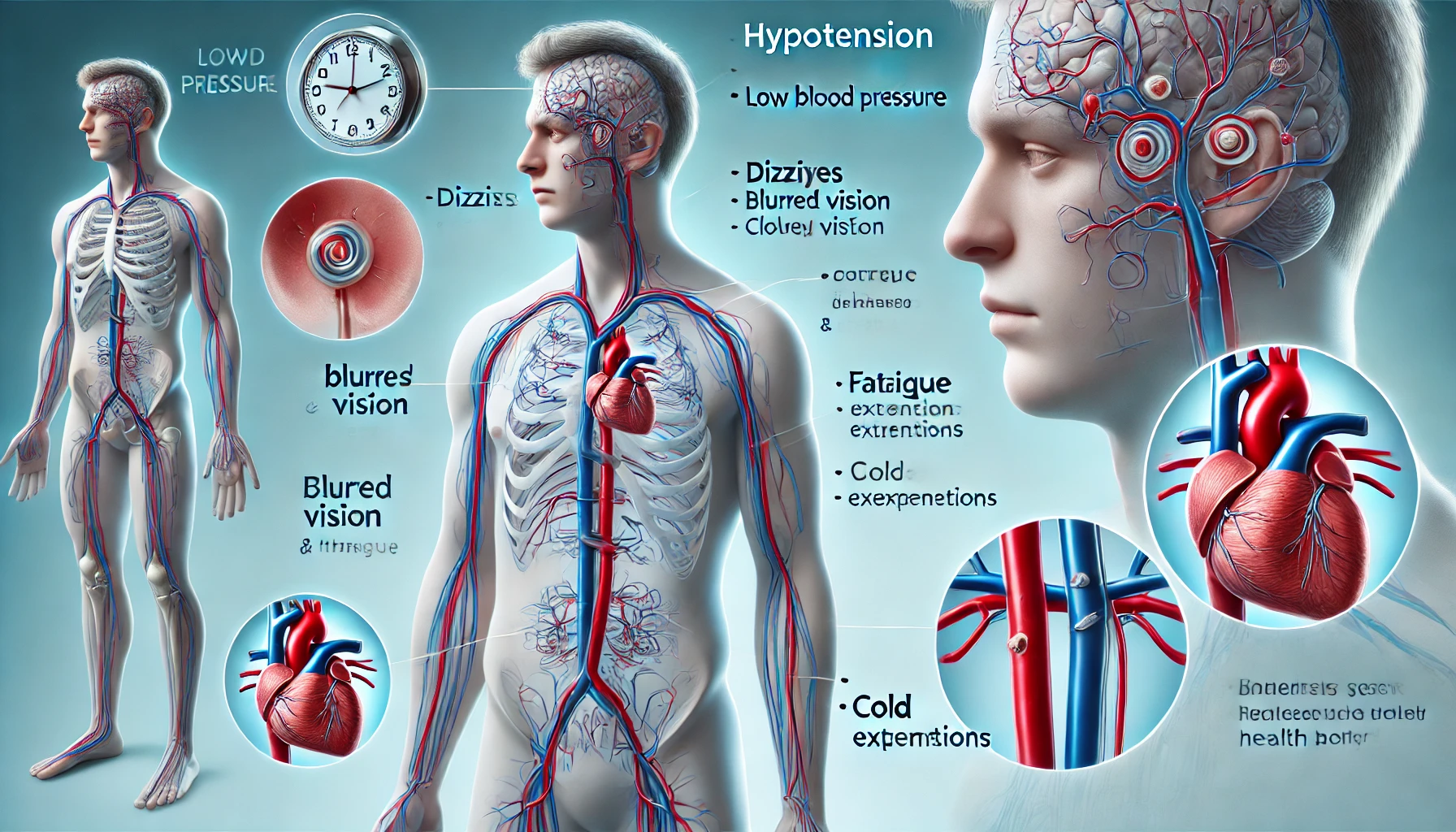 저혈압의 증상과 신체 영향을 설명하는 의료 이미지