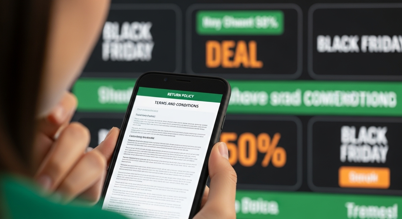 스마트폰으로 복잡한 교환/환불 정책을 읽으며 고민하는 사람의 모습.