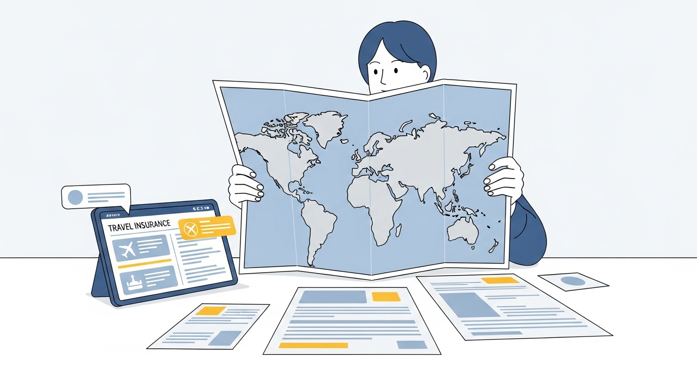 비행기 티켓과 지도, 여행자 보험 서류를 보며 여행 계획을 꼼꼼히 세우는 사람의 모습.