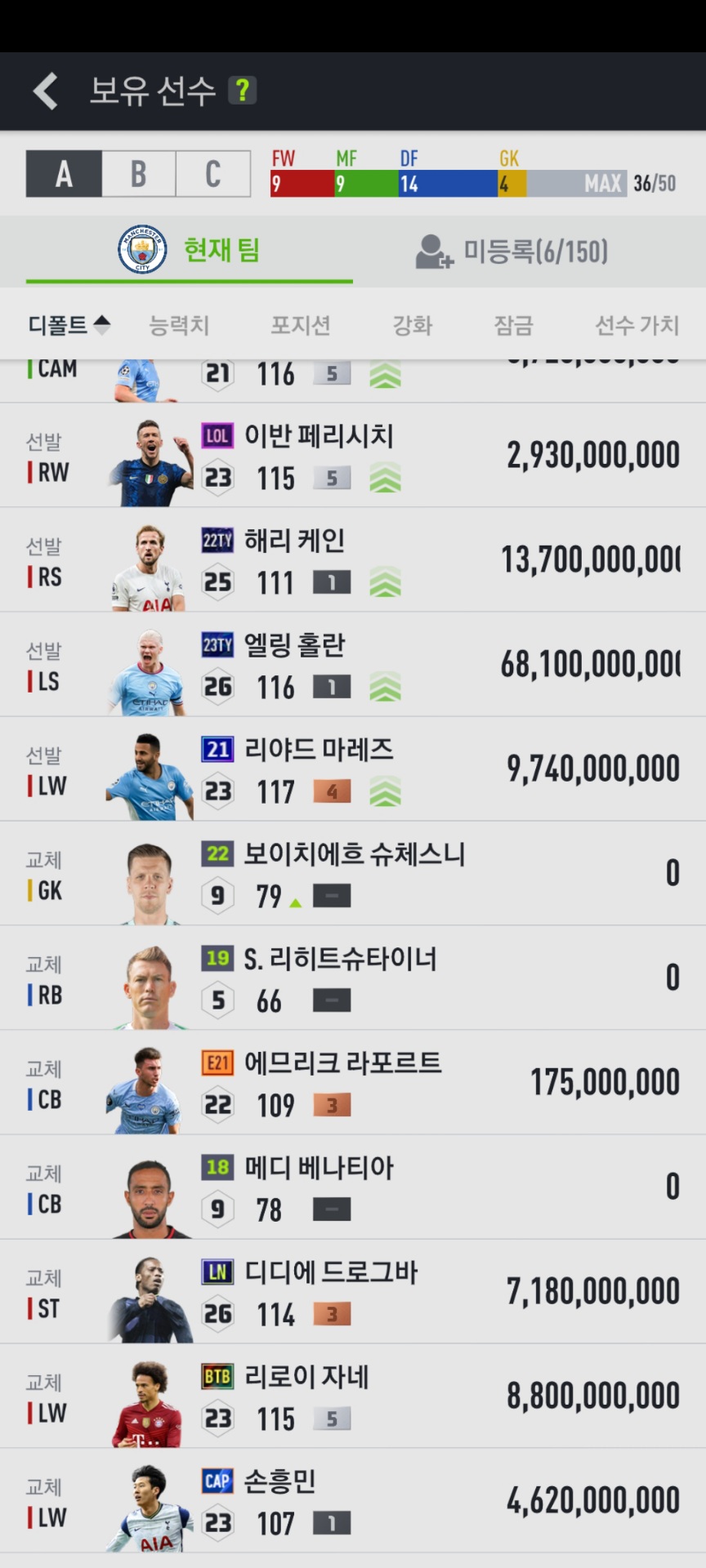 이 사진은 피파온라인4 맨시티, 토트넘 선수 가격 입니다.