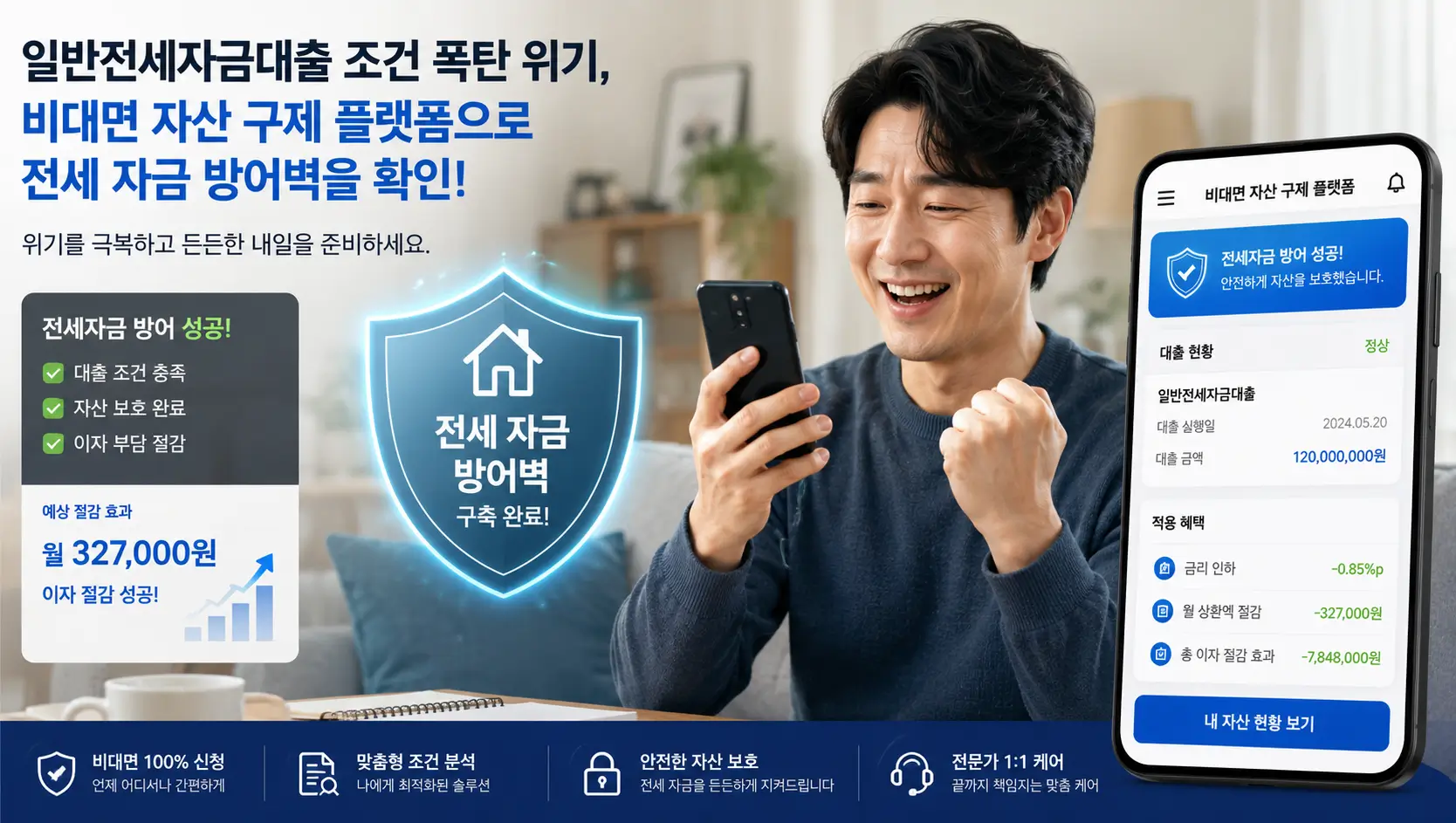 일반전세자금대출 조건 폭탄 위기를 극복하고 비대면 자산 구제 플랫폼으로 전세 자금 방어벽을 확인하여 안도하는 가장