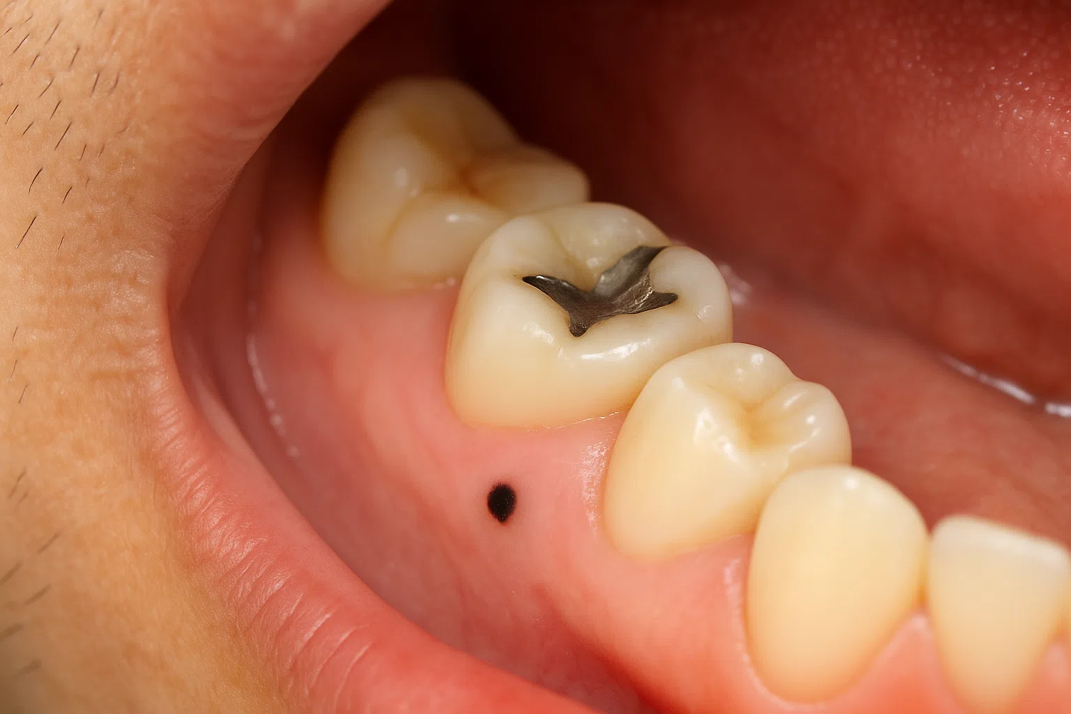 은색 아말감으로 충치 치료한 치아 옆 잇몸에 국소적으로 작은 검은 반점이 있는 모습