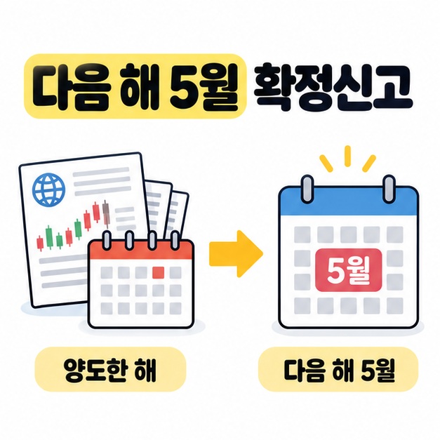 주식을 양도한 해의 거래자료와 달력에서 다음 해 5월 신고 달력으로 이어지는 흐름을 보여주는 이미지