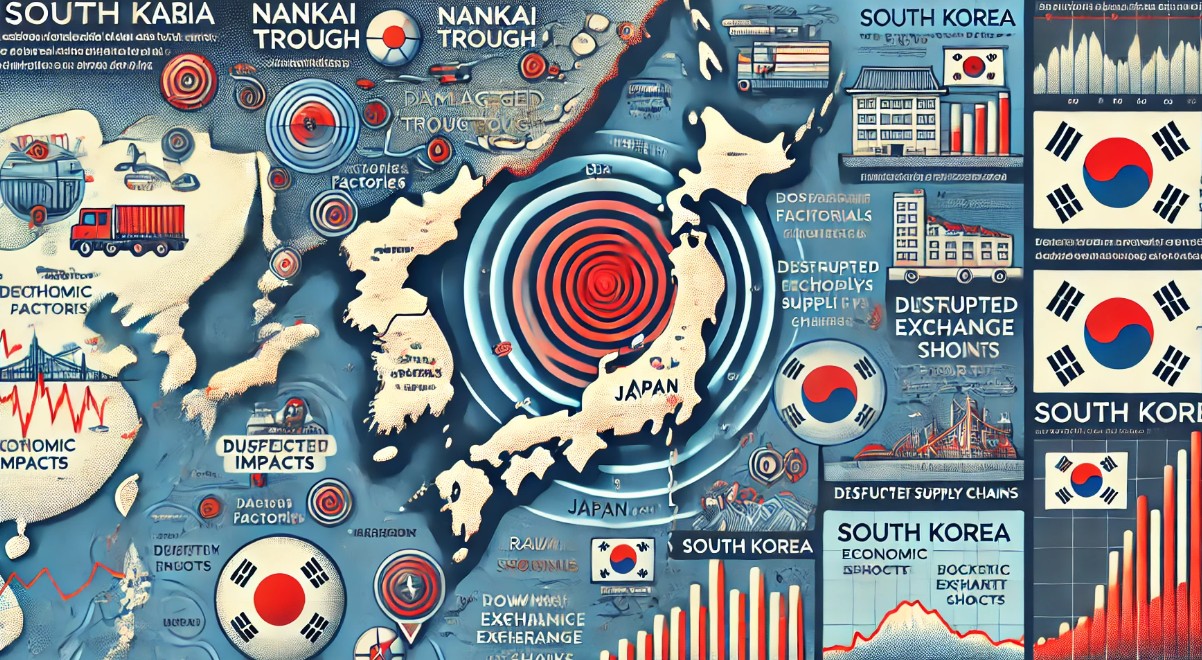 난카이 트로프 지진으로 대한민국과 일본에 경제적 영향을 받는 이미지로 지도 이미지를 표현하였습니다.