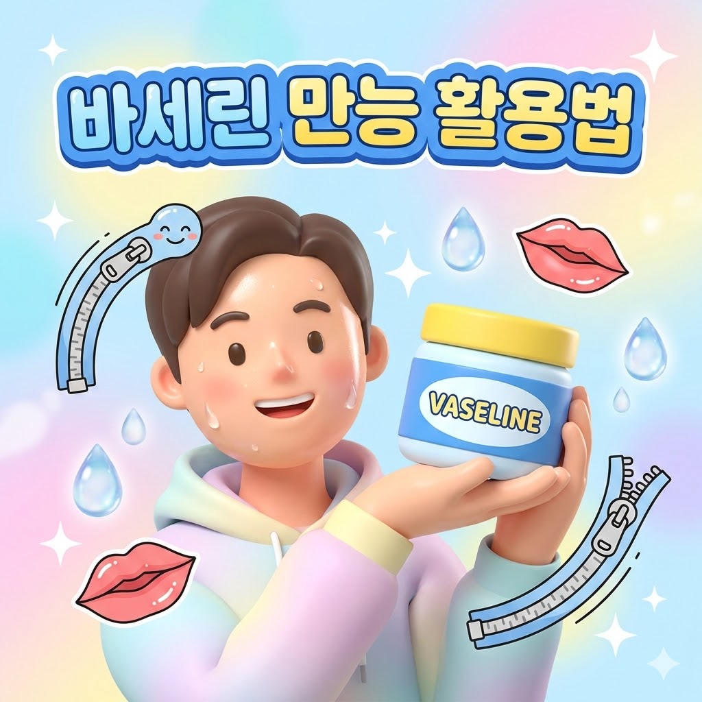 바세린 만능 활용법을 보여주는 3D 카툰 일러스트. 촉촉한 피부의 행복한 사람이 바세린 통을 들고 있고, 주변에는 피부 보습, 립 케어, 생활 꿀팁을 상징하는 귀여운 아이콘들이 떠 있습니다.