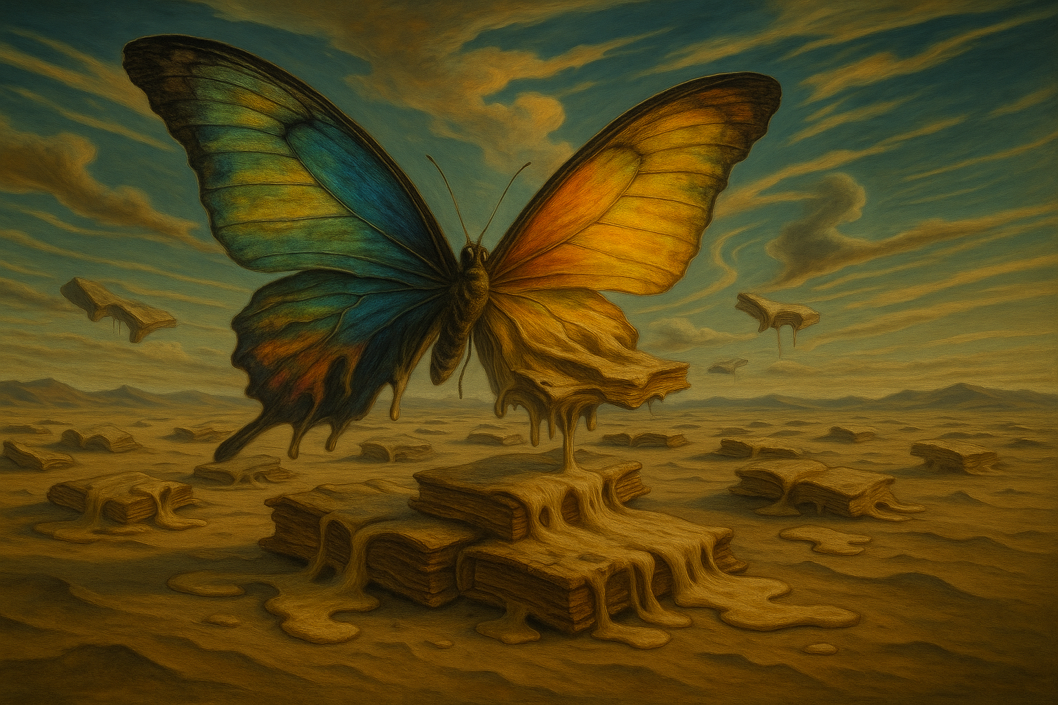 무한대 사막에서 녹아내리는 책들 위로 날아다니는 거대한 무지개빛 나비, 살바도르 달리 초현실주의 걸작 스타일로, 시간 왜곡과 꿈의 논리, 정밀한 극사실적 묘사, 환상적이고 꿈같은 분위기, 박물관 품질, 169 비율