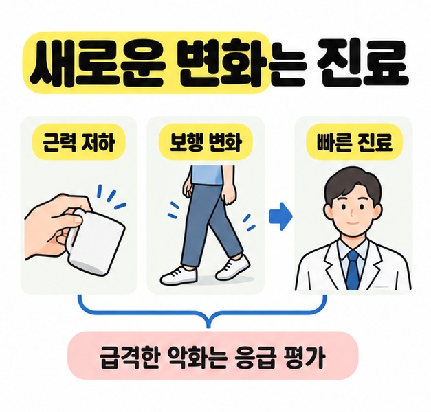 물건을 잡기 어려운 손과 보행 변화, 빠른 진료를 연결하고 급격한 악화는 응급 평가가 필요하다고 안내하는 그림