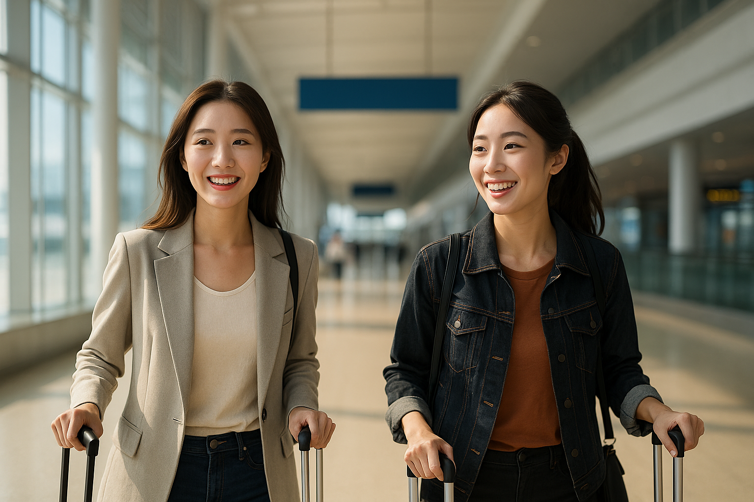 Two women confidently pulling suitcases as they head toward the exit at Qingdao Airport, marking the start of their exciting and well-prepared journey