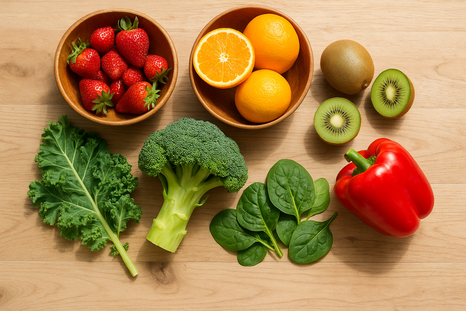 비타민 C가 풍부한 과일과 채소가 함께 놓인 식탁