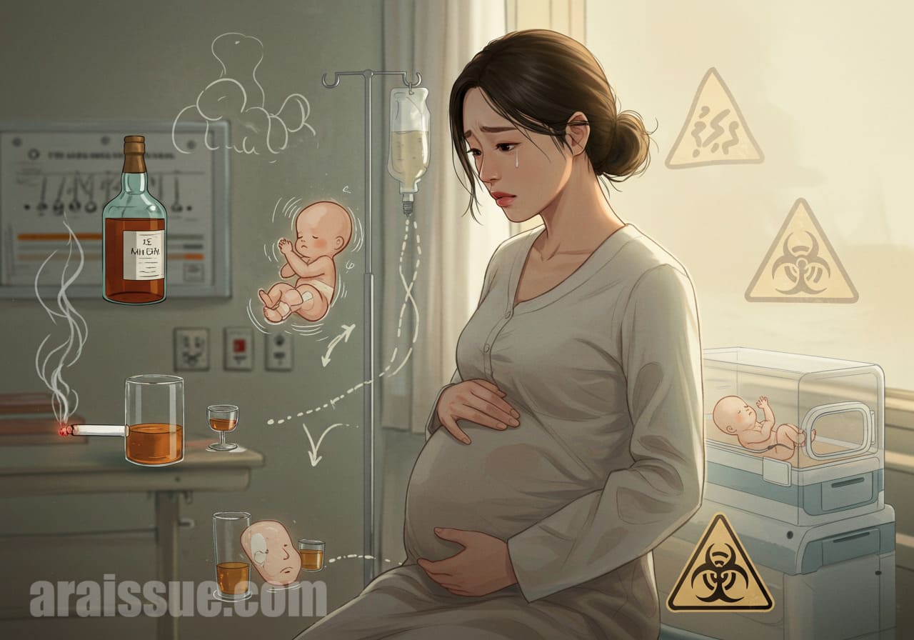 병원에서 임신한 한국 여성이 흡연, 음주, 스트레스, 조산, 중금속 노출 위험을 걱정하는 모습