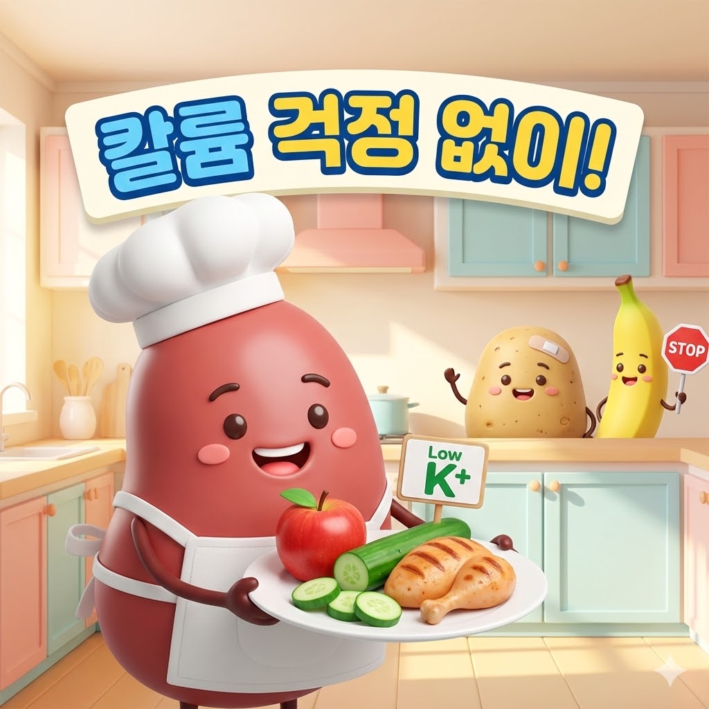 주방에서 웃고 있는 귀여운 신장 캐릭터가 사과, 오이, 닭고기 등 저칼륨 음식이 담긴 접시를 들고 있는 3D 카툰 일러스트. 이미지에는 '칼륨 걱정 없이!'라는 문구가 새겨져 있다.