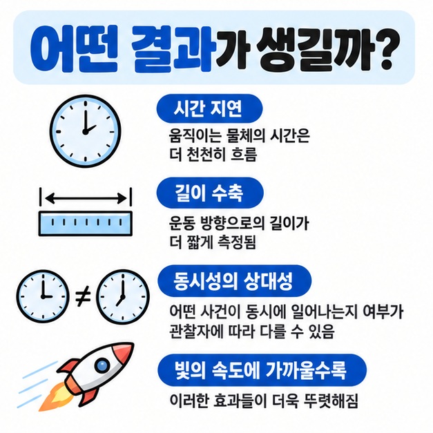 빛의 속도가 일정하기 때문에 시간 지연 길이 수축 동시성의 상대성이 나타나는 과정을 보여주는 카드뉴스