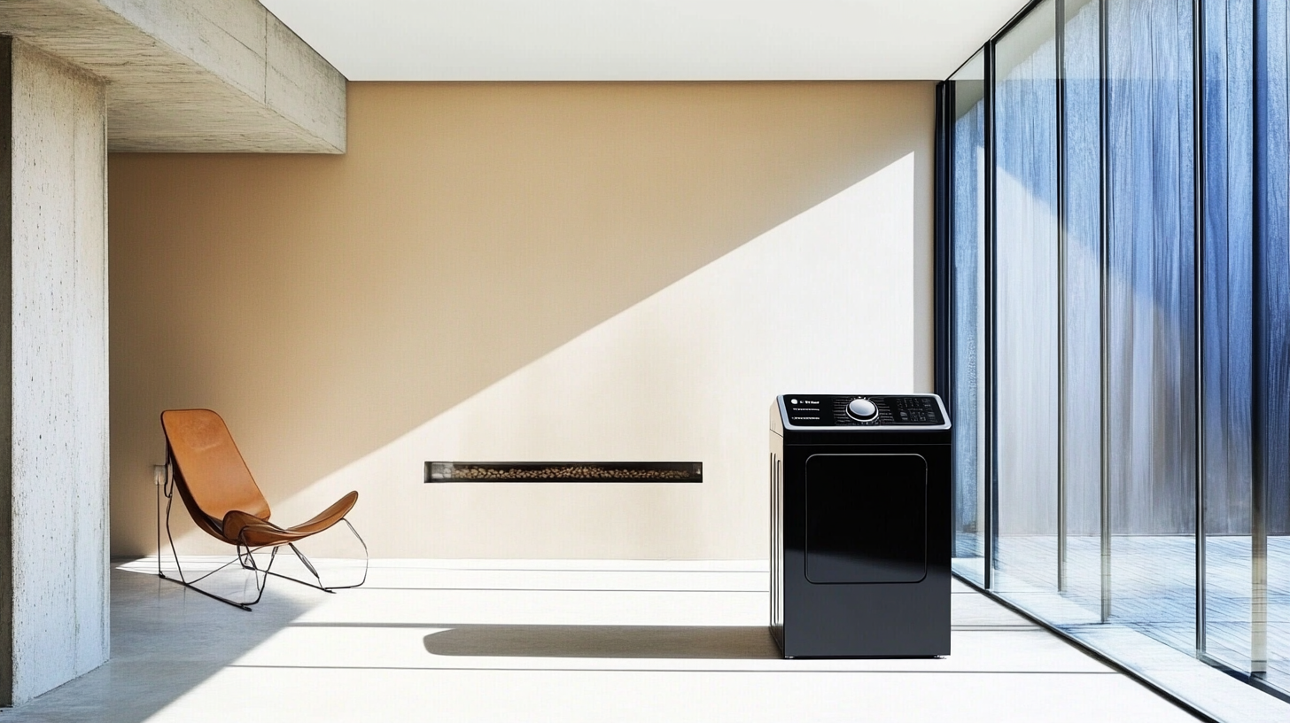 에너지 효율성이 뛰어난 고효율 세탁기가 세련된 디자인으로 현대적인 집에 배치되어 있으며, 밝은 조명이 특징.