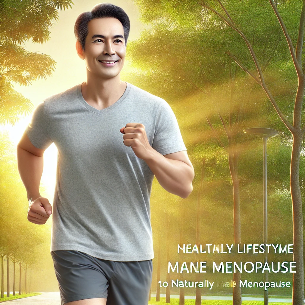 "밝은 아침 공원에서 활기차게 조깅하는 40~50대 중년 남성, 건강하고 활력 있는 모습"