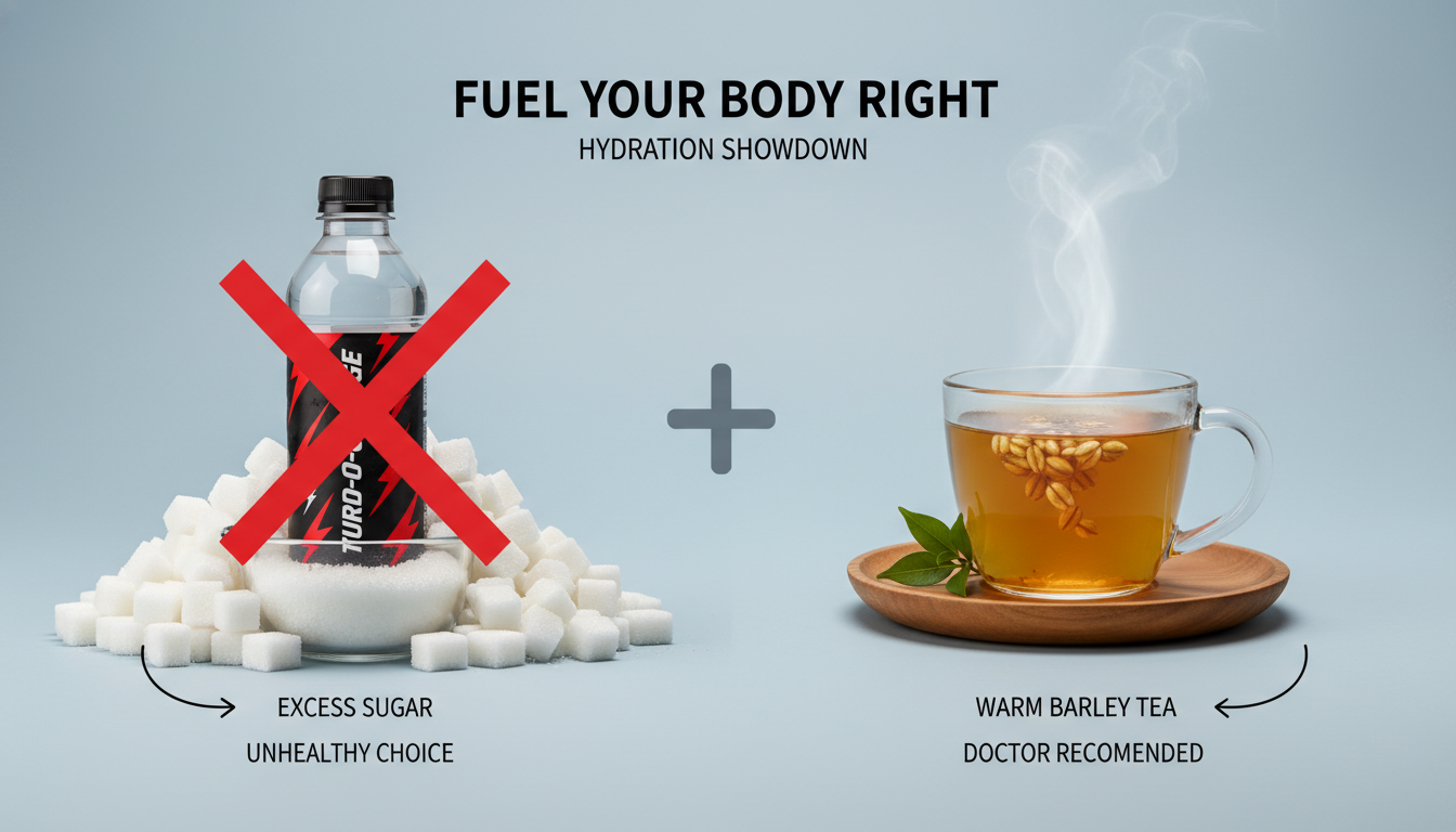 장염 시 피해야 할 이온음료와 당분, 그리고 권장되는 따뜻한 보리차의 비교