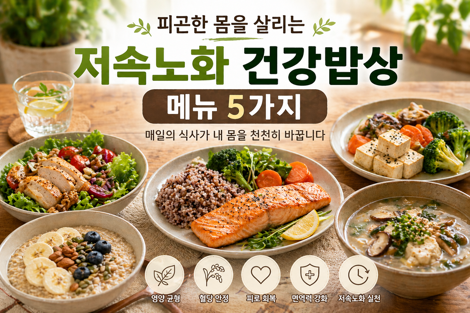 연어 현미밥과 오트밀, 두부 채소 식단으로 구성된 건강밥상 썸네일 이미지