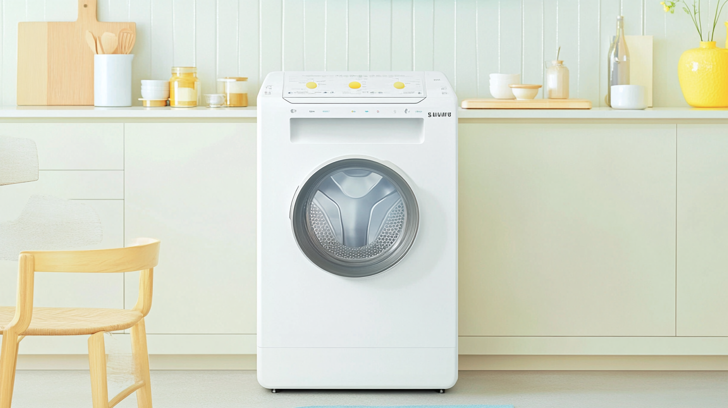 모던한 주방에 설치된 럭셔리한 삼성 세탁기, 세련된 디자인과 컴팩트한 기능을 강조한 이미지