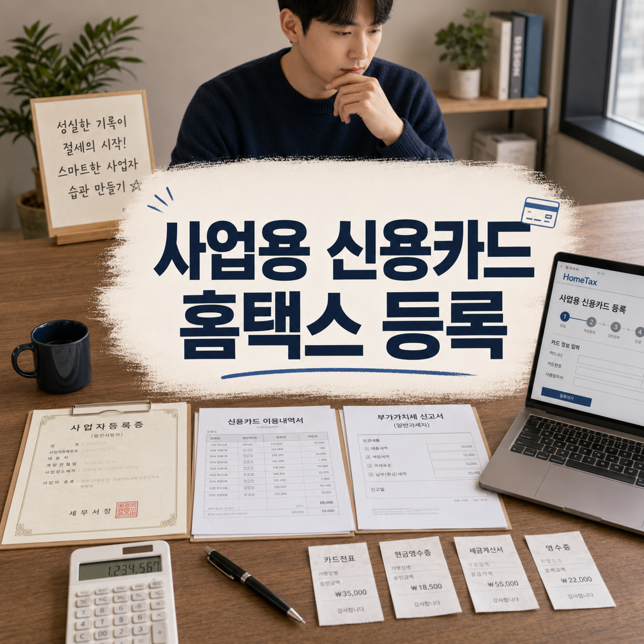 개인사업자 사장님이 홈택스에서 사업용 신용카드를 등록하고 부가세 신고 자료를 정리하는 이미지
