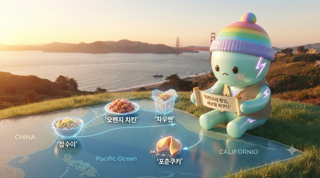 쫀쿠 캐릭터가 샌프란시스코 차이나타운의 언덕길에 홀로 앉아 있습니다. 쫀쿠는 이전 시리즈에서 착용했던 광부 모자, 철도 노동자 조끼, 요리사 모자 등을 모두 벗고, 처음 도착했을 때의 탐험가 조끼만 입고 있습니다. 그의 앞에는 거대한 황금빛 식탁보가 펼쳐져 있고, 그 위에는 '찹수이' 그릇, '오렌지 치킨' 접시, '포춘쿠키' 상자, 그리고 '차우멘' 포장 용기가 놓여 있습니다. 쫀쿠는 이 음식들을 아련한 표정으로 바라보고 있습니다. 배경으로는 황금빛 노을이 지는 샌프란시스코만과 베이 브리지, 그리고 저 멀리 새로운 대륙이 펼쳐집니다. 쫀쿠가 마지막으로 포춘쿠키를 하나 집어 들며, "이민자의 밥상은 계속된다!"라고 적힌 작은 홀로그램 쪽지를 띄우고 있습니다.