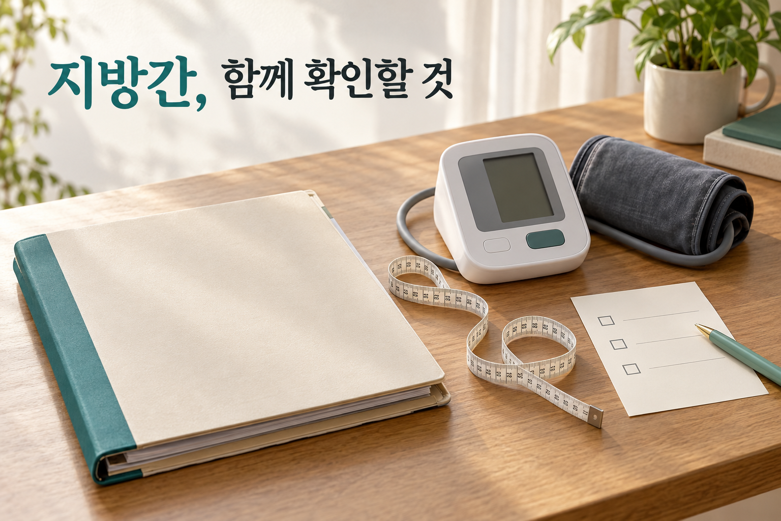 검진 자료를 담을 폴더와 줄자, 화면이 꺼진 혈압계, 빈 메모지