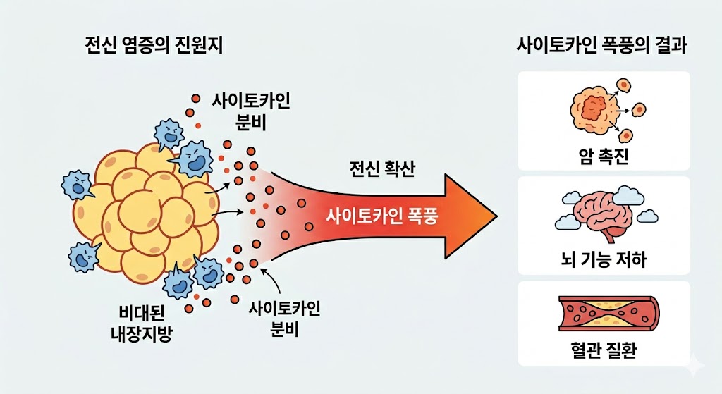 비대된 내장지방이 대식세포의 자극으로 사이토카인을 분비하고, 이것이 전신으로 확산되는 '사이토카인 폭풍'으로 이어져 암 촉진, 뇌 기능 저하, 혈관 질환을 유발하는 과정을 시각화한 인포그래픽입니다.