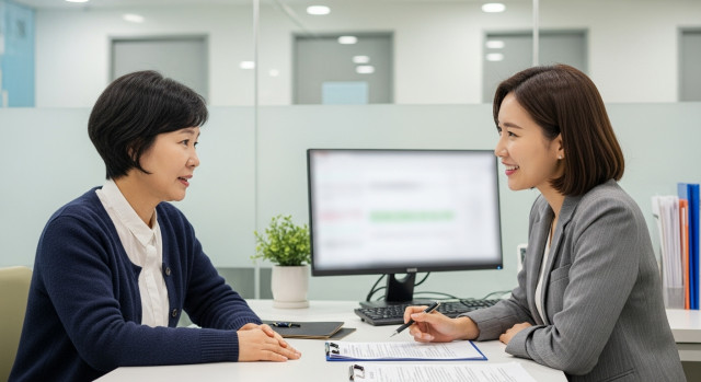 복지 지원 상담을 받는 중년 여성 