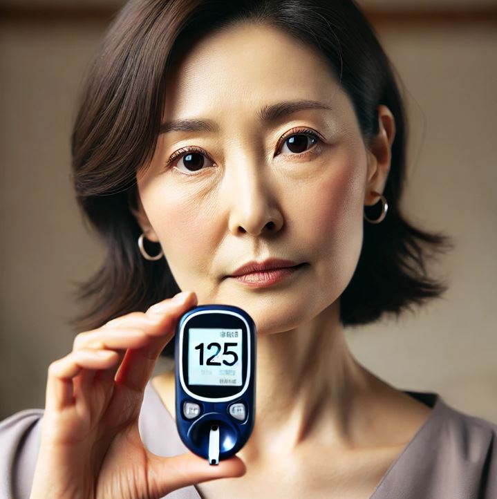 당뇨 전단계 수치가 나온 혈당 체크기를 들고 있는 중년 여성 사진