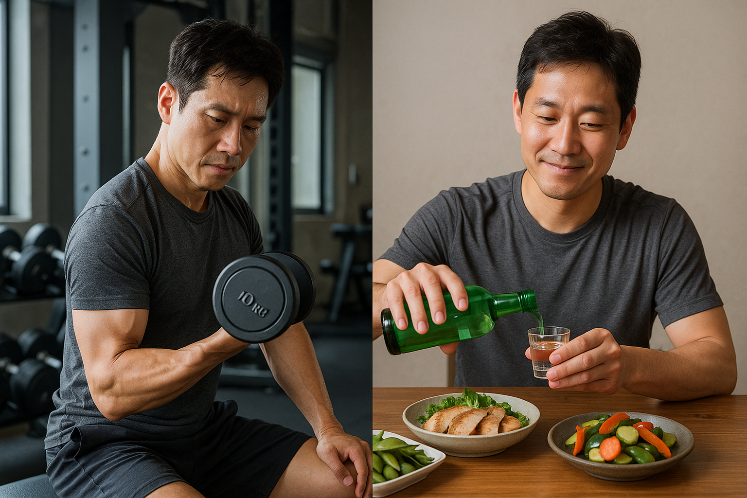 운동하며 건강식 안주로 소주 마시는 40대 남성