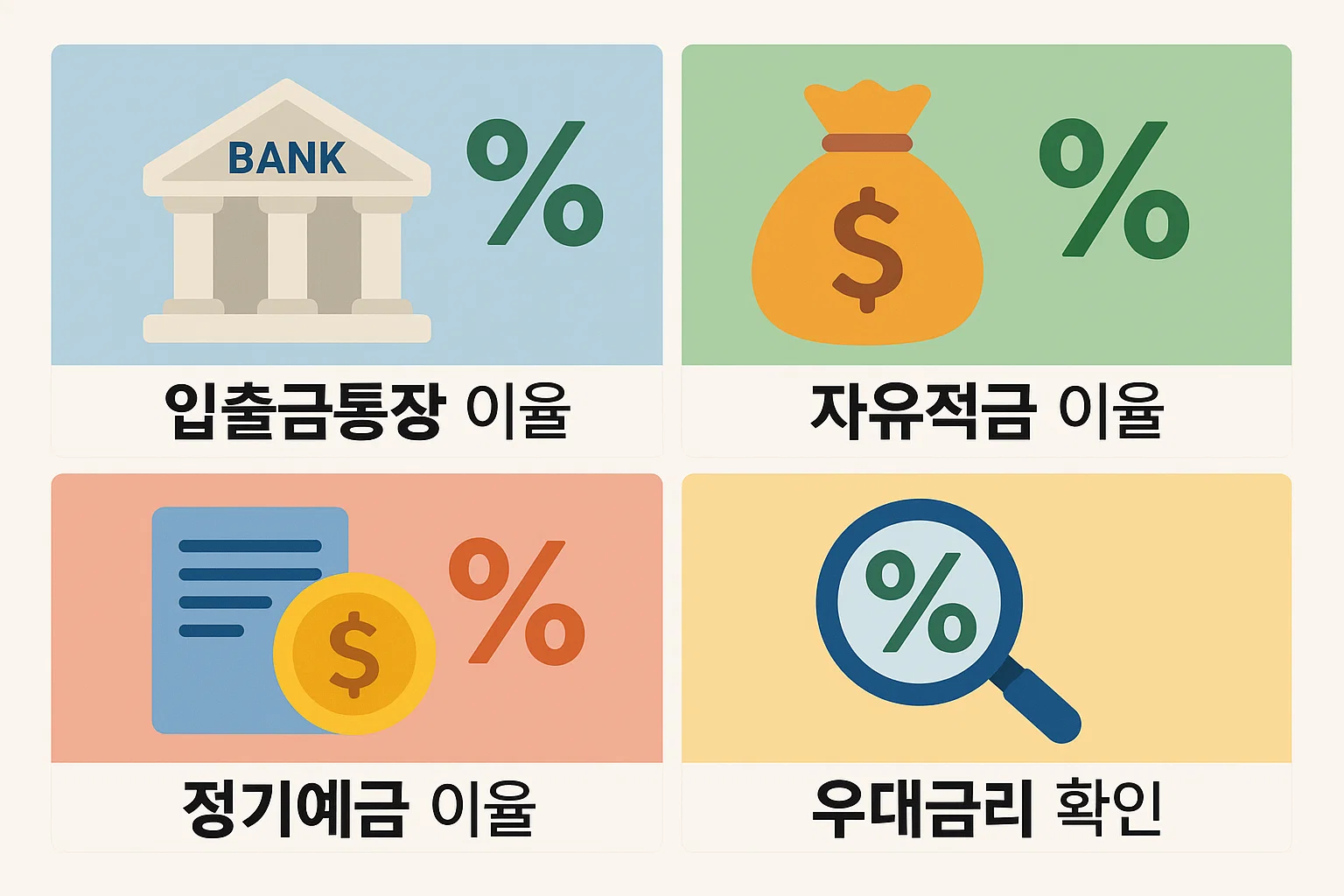 카카오뱅크 예금 이율을 입출금통장, 자유적금, 정기예금, 우대금리 상품별로 나누어 정리한 2025년 기준 핵심 비교 인포그래픽