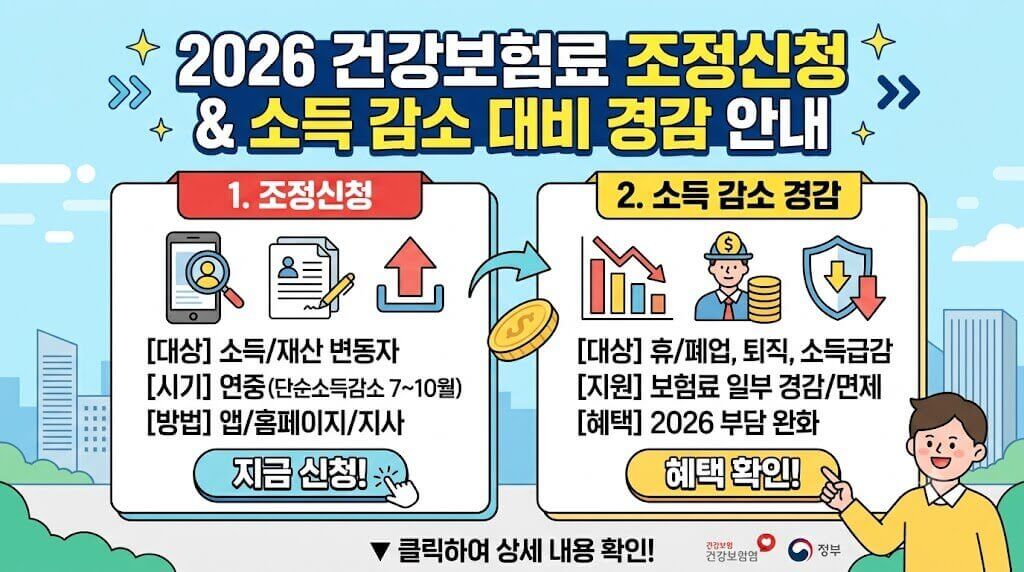 2026년 건강보험료 조정신청과 소득 감소 대비 보험료 경감 안내 인포그래픽