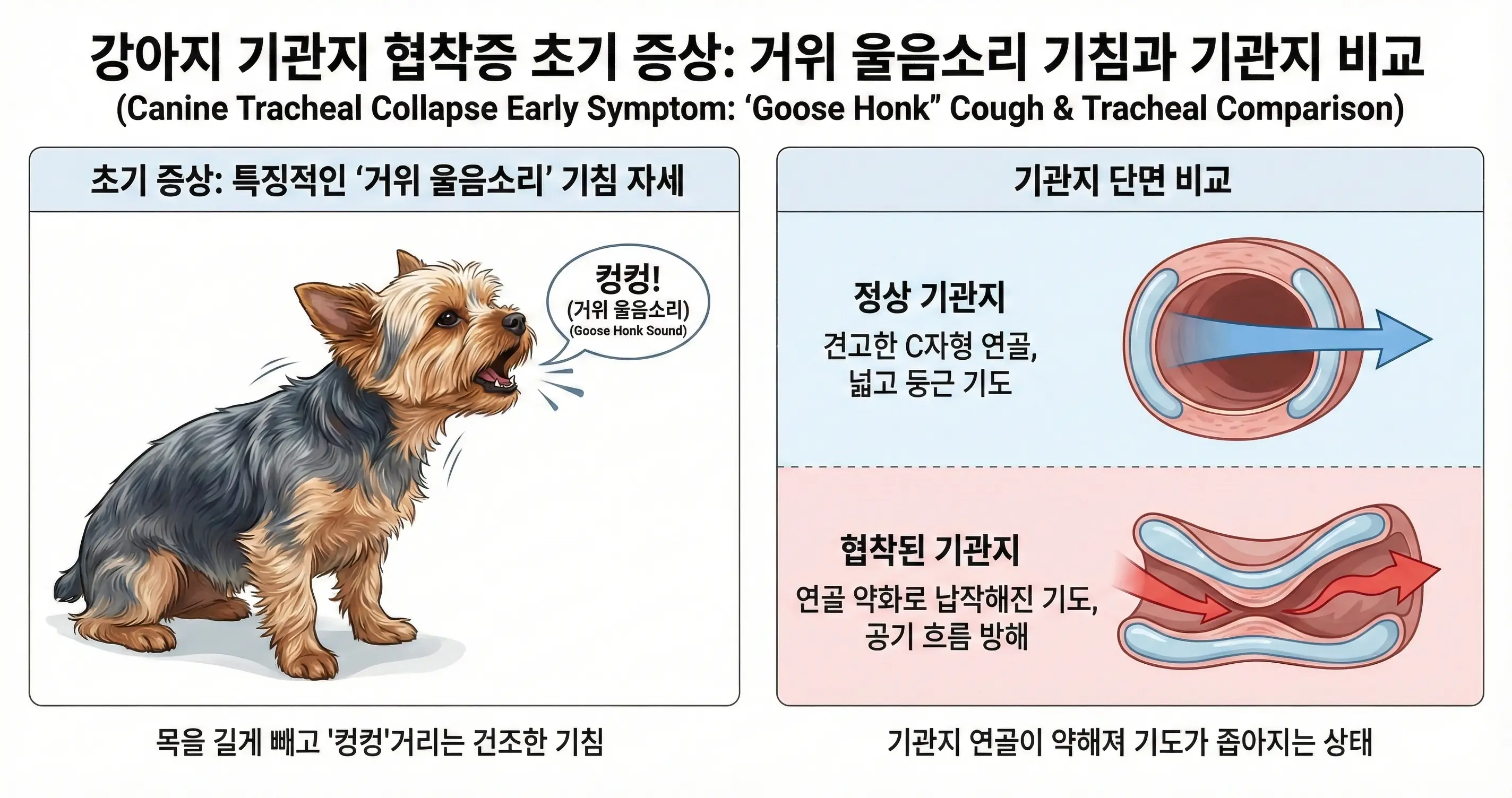 강아지 기관지 협착증(Tracheal Collapse) 초기 증상으로 나타나는 거위 울음소리 기침 자세와 정상, 협착된 기관지 비교
