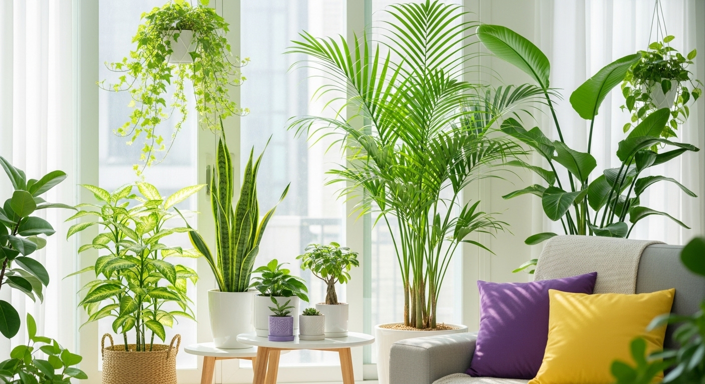 2026년 봄, 미세먼지 없이 쾌적한 실내를 위한 공기정화 식물로 꾸며진 아늑하고 현대적인 거실 풍경. 다양한 크기의 푸른 식물들이 신선하고 생기 넘치는 분위기를 연출합니다.