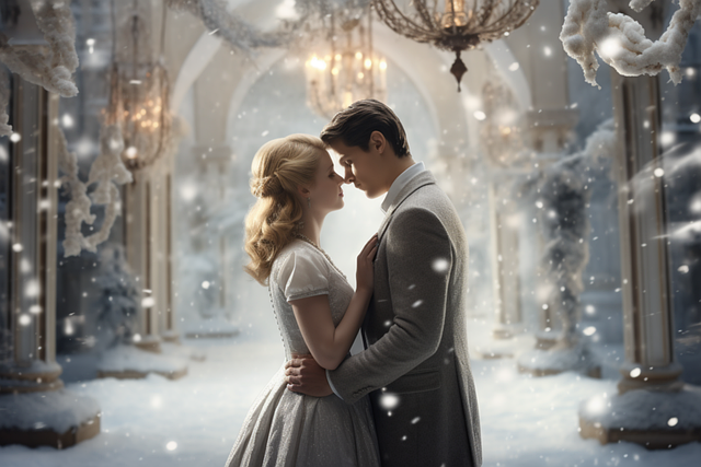 눈내리는 궁전에서 남녀가 마주보고 있는 사진