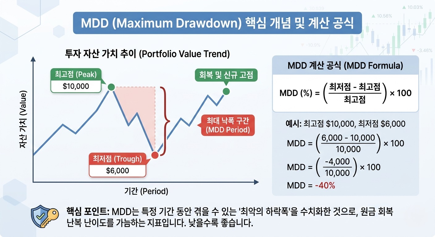 MDD(Maximum Drawdown) 최대 낙폭 계산 공식 및 개념 시각화 인포그래픽