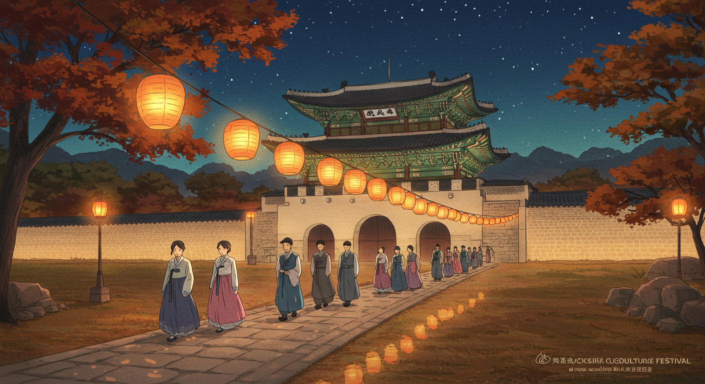 가을밤 경복궁에서 한복을 입고 걷는 사람들의 아름다운 야경 썸네일