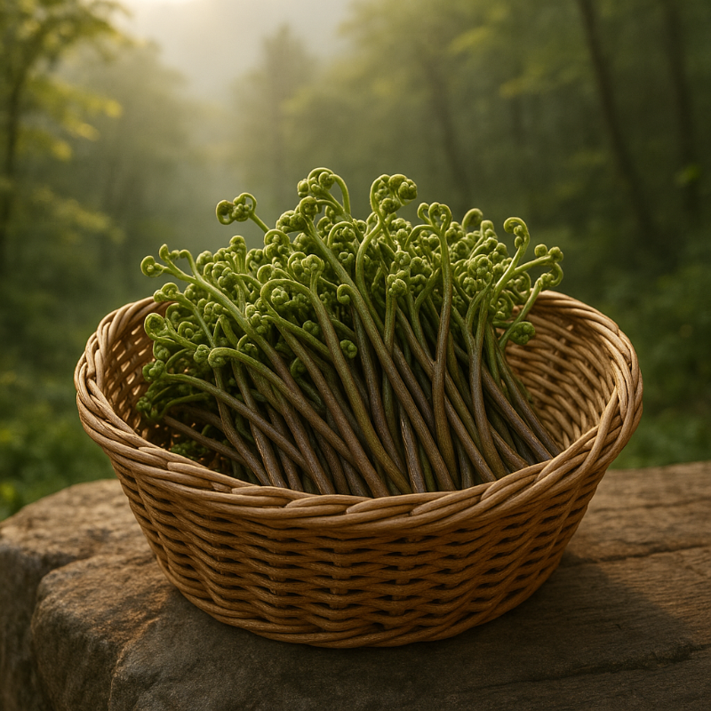 이른 아침 산에서 갓 채취한 신선한 고사리
