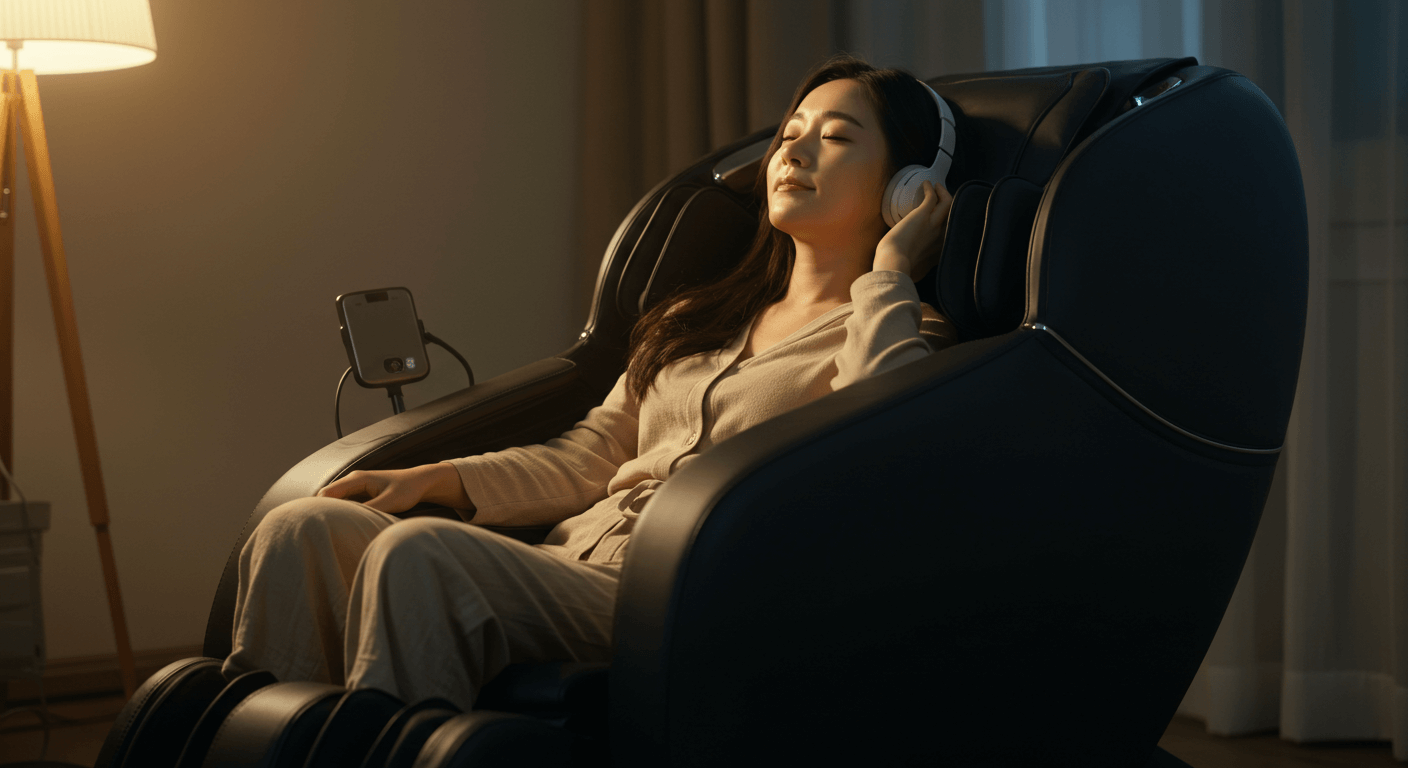 회색 안마의자에 앉아 음악을 들으며 편안히 휴식을 취하는 여성 2
