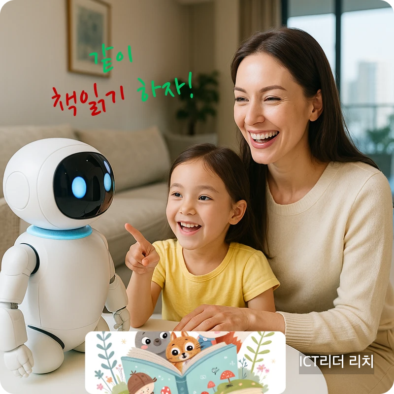 아파트에서 AI 로봇과 함께 아이를 교육하며 환하게 웃고 있는 30대 여성의 프리미엄 실사 이미지