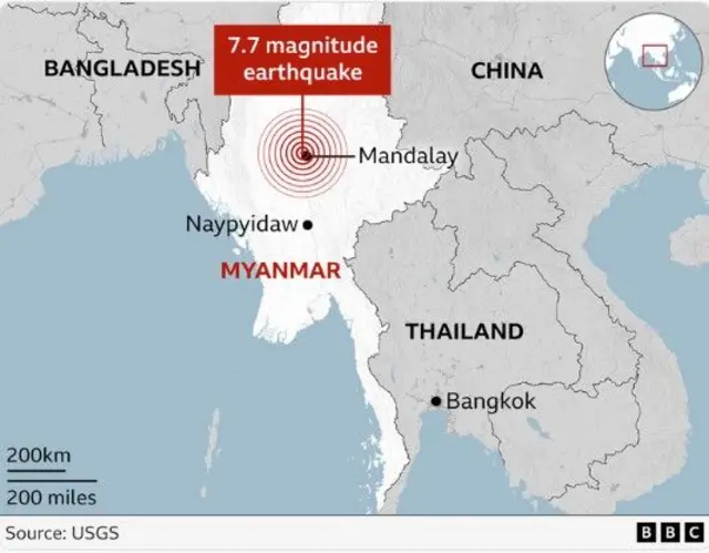 미얀마 지진 피해 지점을 지도상으로 나타낸 이미지