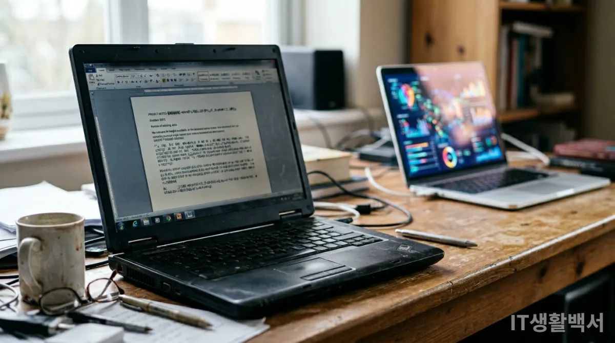 오래된 구형 노트북과 대비되는 미래 지향적인 AI PC의 모습