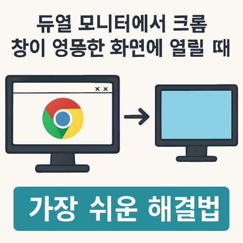 듀얼 모니터에서 크롬 창이 엉뚱한 화면에 열릴 때 가장 쉬운 해결법을 안내하는 썸네일. 왼쪽 모니터에 크롬 창이 보이고 오른쪽으로 화살표가 이동하며 아래에는 ‘가장 쉬운 해결법’ 문구가 강조되어 있음.