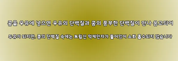  콩을 우유에 넣으면 우유의 단백질과 콩의 풍부한 단백질이 만나 응고되어 두유가 되지만, 콩의 단백질 속에는 트립신 억제인자가 들어있어 소화 흡수되지 않습니다