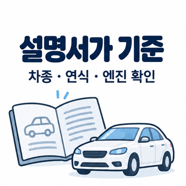 차종과 엔진에 맞는 사용설명서에서 교체 주기를 확인하라는 안내 일러스트