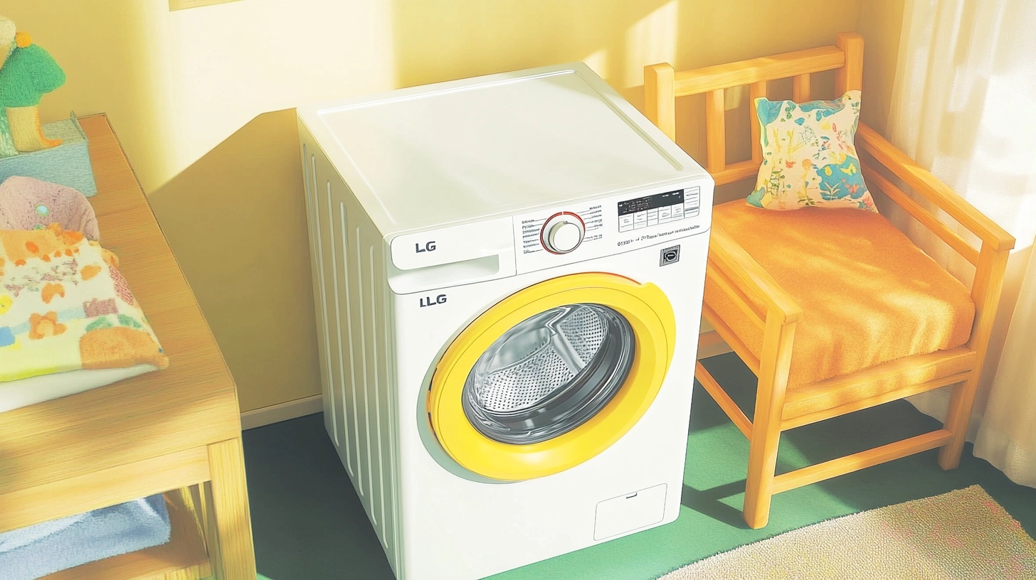 공간 절약형 디자인의 LG 세탁기가 도시형 아파트에서 효율적으로 배치된 모습.