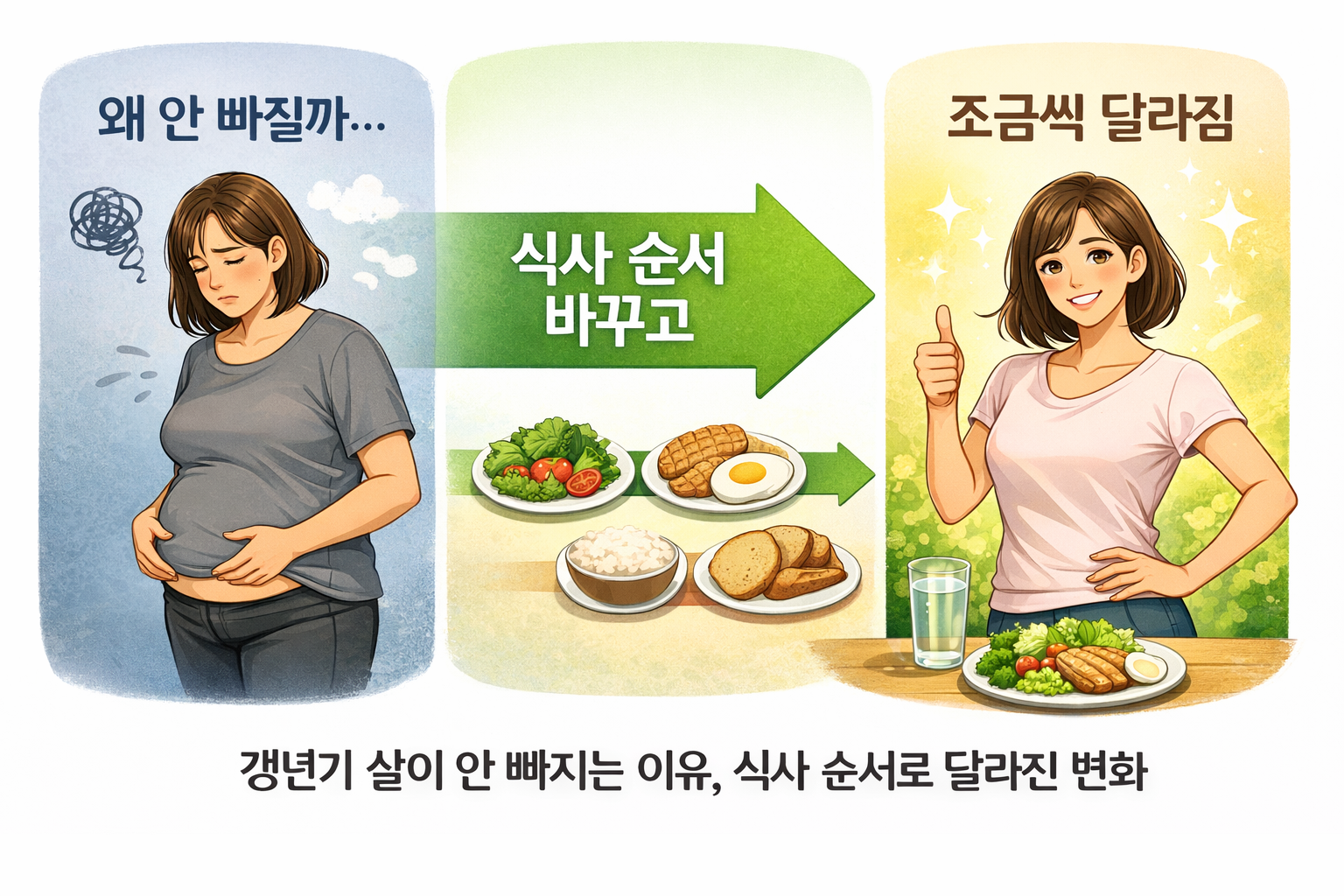 갱년기 이후 살이 잘 빠지지 않는 이유와 식사 순서를 바꿔 몸이 달라지는 과정을 보여주는 이미지