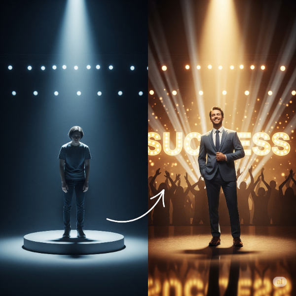 평범한 인물이 점차 자신감 넘치는 모습으로 변화하며, 스포트라이트를 받거나 정상에 서 있는 모습. 뒤로는 환호하는 군중이 보이거나, 노력의 결실로 얻어진 성과물(트로피, 졸업장 등)이 함께 있는 모습. 개인의 발전과 최종적인 성공을 상징.