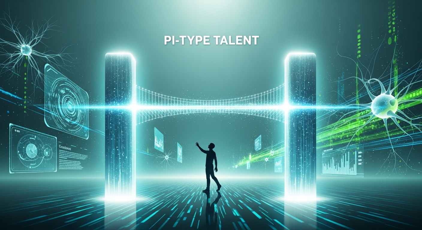 AI 시대에 두 가지 깊은 전문성과 폭넓은 융합적 지식을 연결하는 파이(π)형 인재의 모습을 시각적으로 표현한 미래 지향적인 이미지