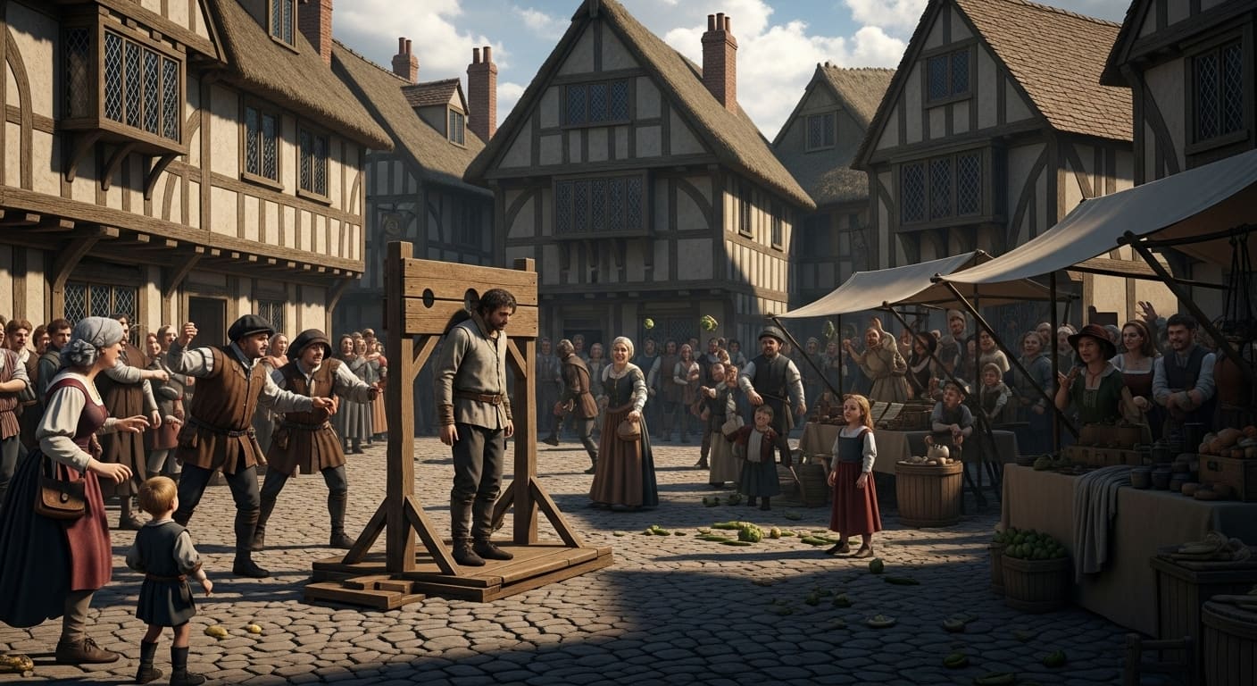 중세 광장에서 죄인이 형틀을 착용한 모습, 공개적 수치심을 통한 범죄 억제 방식