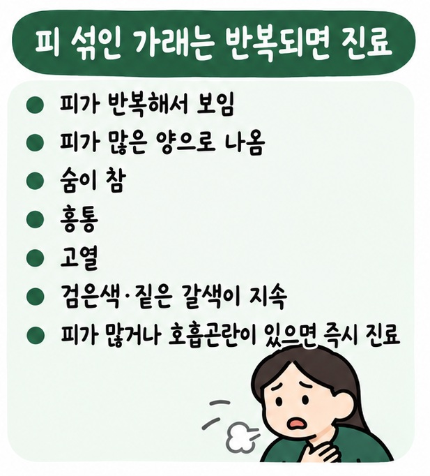 피 섞인 가래가 반복되거나 양이 많고 호흡곤란·흉통이 동반되면 빠르게 진료가 필요하다는 주의사항 카드