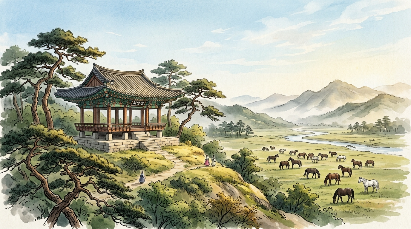 화양정(Pavilion)과 말들이 있는 풍경